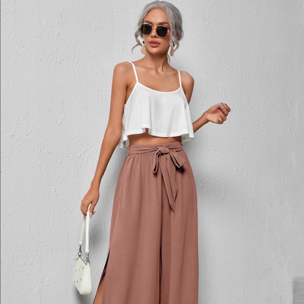 Crop top and belted split pants